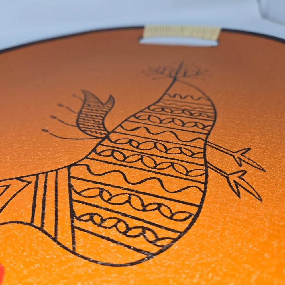 Tilso Serving Tray Fiberboard Orange Black Bird Rattan Wrapped Handles 18.5